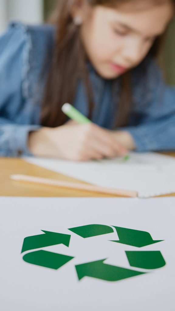 Blurred child writing with prominent green recycling symbol in foreground.